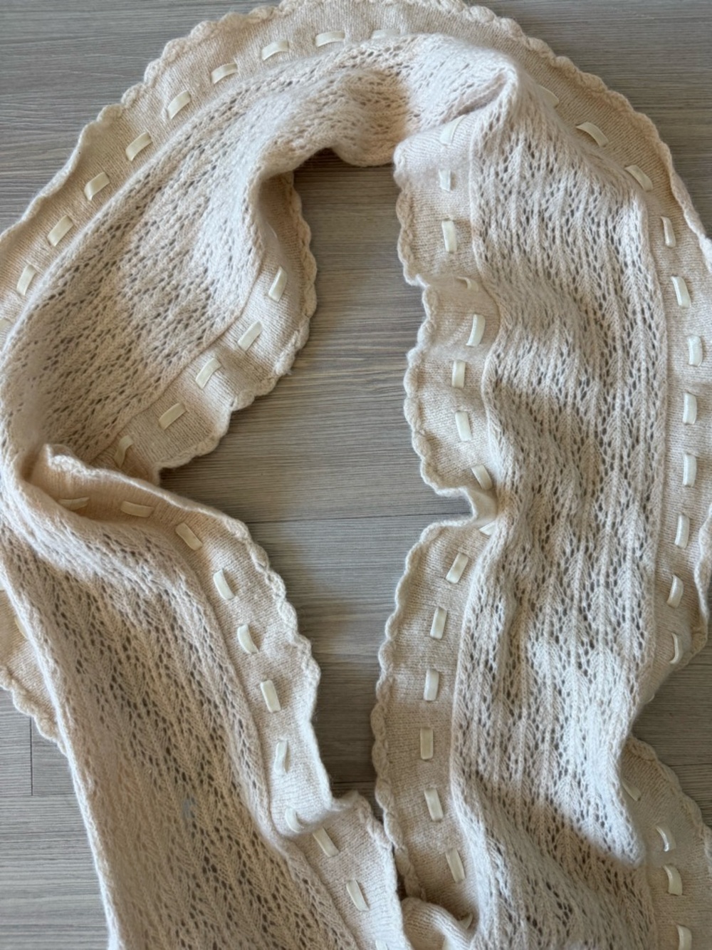 Feminine Coquette Cream Knit Scarf with Ballet Core Velvet Ribbon Detail